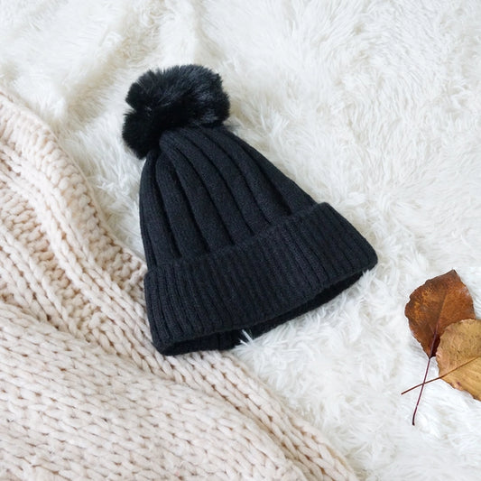 Pompom Cable Knit Beanie with Fleece Lining